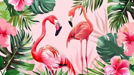 T-shirt fashion graphic with tropical flowers background. Vector. Flamingo. Summer design. Exotic.