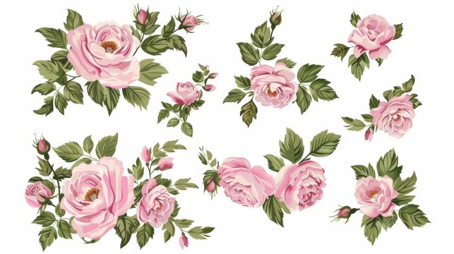 Pink roses and peonies with green leaves. Modern romantic garden flowers set.