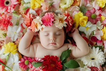 Newborn baby girl sleeps peacefully surrounded by colorful spring flowers