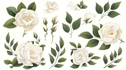 White rose branches set with green leaves in a wedding concept. Floral poster for greeting cards or invitations. Modern arrangements for greeting cards or invitations. - obrazy, fototapety, plakaty