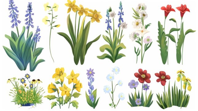 The early spring forest and garden flowers are isolated on a white background. This illustration shows the flowers in the garden in spring and summer.