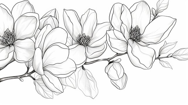 A drawing of magnolia flowers with a white background and line-art.