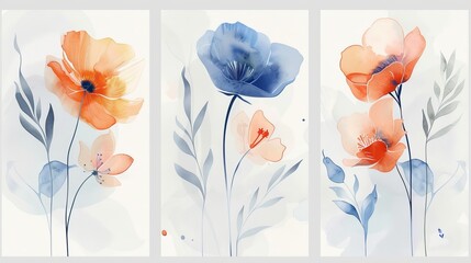 Floral bouquets, wildflowers, and leaves hand painted for wall decor, posters, and wallpapers in blue flower watercolor art.