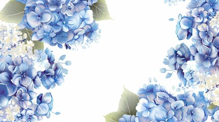 Floral design for cosmetics, perfume, beauty care products. Can be used as greeting card or wedding illustration. Modern vertical banners with blue and white hydrangea flowers on white background.