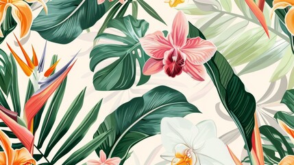 Modern seamless tropical floral pattern background with exotic flowers, palm leaves, jungle leaves, orchids, bird of paradise flowers. Hawaiian botanical wallpaper illustration.