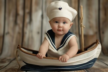 Cute baby dressed in sailor outfit sitting in a vintage wooden boat indoors