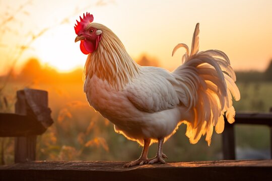 a rooster standing on a fence