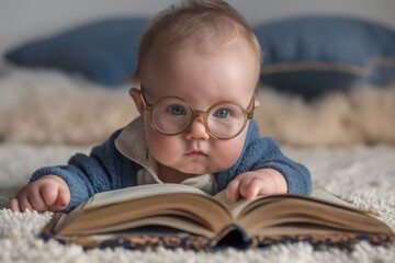 Cute infant wearing glasses focused on reading a large open book - Powered by Adobe