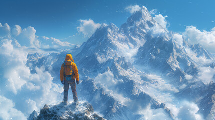 Naklejka na ściany i meble Man Standing on Snow-Covered Mountain Top