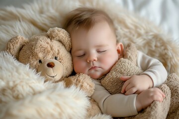Serene infant sleeps cuddled up with a plush teddy bear on a fluffy blanket