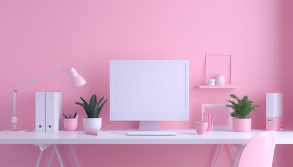A computer desk with a white monitor, a pink wall, and a pink chair. The desk is decorated with plants and a few books. Scene is calm and peaceful, with the pink color scheme