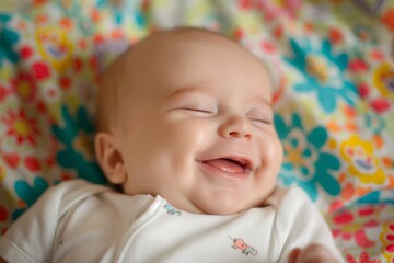 Close-up of a cheerful infant with a beaming smile, lying on a vibrant patterned textile