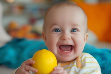 Fototapeta na wymiar Adorable young baby smiling joyfully while playing with a ripe lemon, exuding happiness and innocence in a bright, colorful indoor portrait