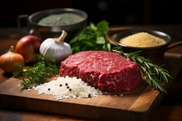 Close-up of fresh raw meat and ingredients for cooking