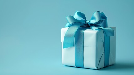 Elegant gift wrapped in white paper with a luxurious blue ribbon on a soft background