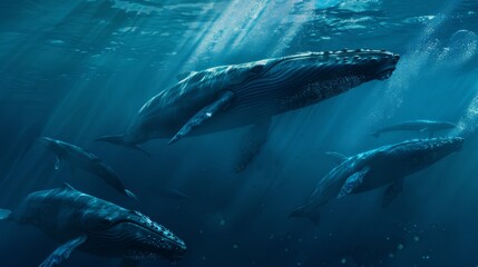 A group of beautiful blue whales under the sea.