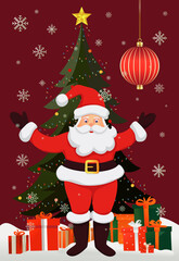 Santa Claus greets with his hand, stands next to a Christmas tree with gifts and various decorations. Digital illustration.