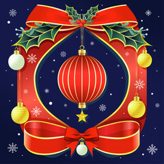 Christmas card with ribbons, mistletoe, star, balls, snowflakes and other Christmas decoration elements.