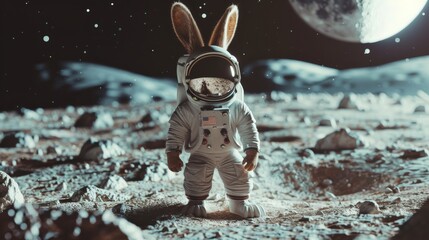 A rabbit A rabbit standing on two legs wearing a space suit on the moon.