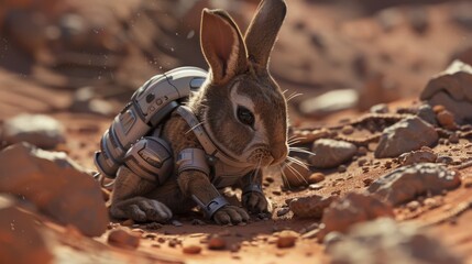 A rabbit wearing a space suit flies into space.