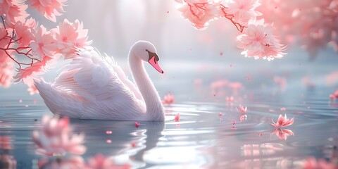 Graceful Swan Gliding Across Tranquil Pastel-Hued Pond