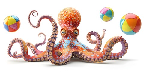 Obraz premium Playful Octopus Juggling Colorful Beachballs in Vibrant Underwater Scene