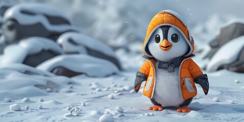 Adventurous Cartoon Penguin Braves Icy Caverns in Search of Hidden Treasures
