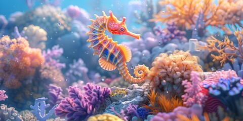 Whimsical Cartoon Seahorse Amid Vibrant Coral Reef Underwater Wonderland