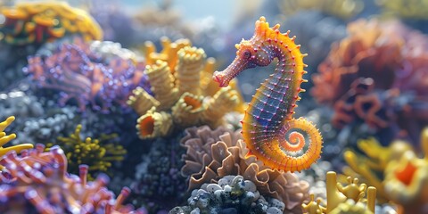 Whimsical Seahorse Exploring Vibrant Coral Reef Underwater Wonderland