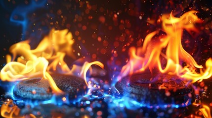 Closeup shot of blue fire from domestic kitchen stove top. Gas cooker with burning flames of propane gas. - obrazy, fototapety, plakaty