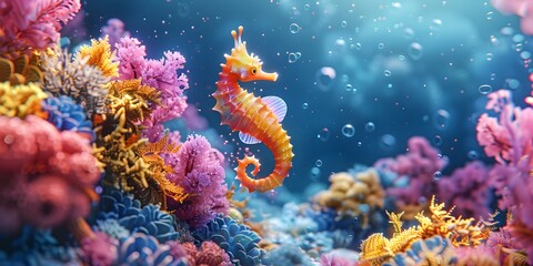 Whimsical Seahorse Amidst Vibrant Coral Reef in Surreal Underwater World