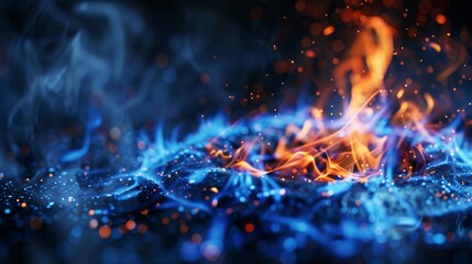Closeup shot of blue fire from domestic kitchen stove top. Gas cooker with burning flames of propane gas. - obrazy, fototapety, plakaty