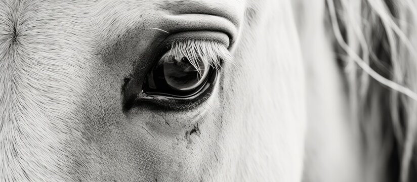 A closeup of a white horses eye in a black and white photo, showcasing the intricate details of its hair, eyelash, and wrinkles on its forehead