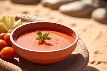 Exquisite gazpacho on a palm leaf plate against a sandstone background