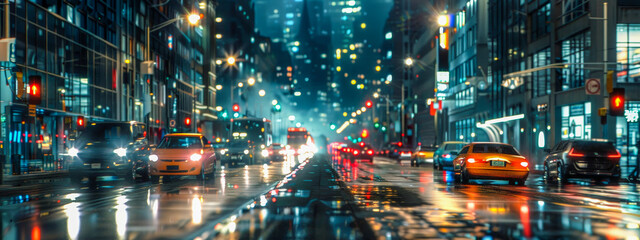 A busy city street with cars and a taxi - obrazy, fototapety, plakaty