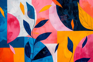 Botanical Abstraction: Gouache Artwork Featuring Leaf and Geometric Patterns in Natural Hues