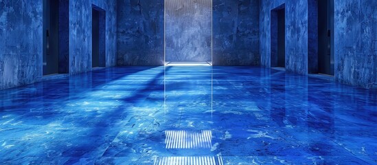 A building hallway with electric blue walls and flooring, creating a symmetrical and aesthetically...