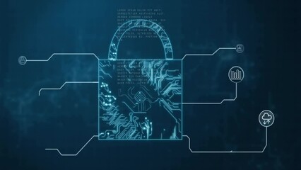 Animation of padlock and network with icons, data processing over black background