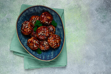 Tsukune, Japanese meatballs, minced chicken, fried on a skewer, with yakitori sauce, homemade, no people,