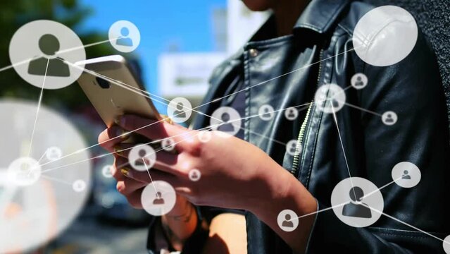 Animation of network of connections with people icons over caucasian woman using smartphone