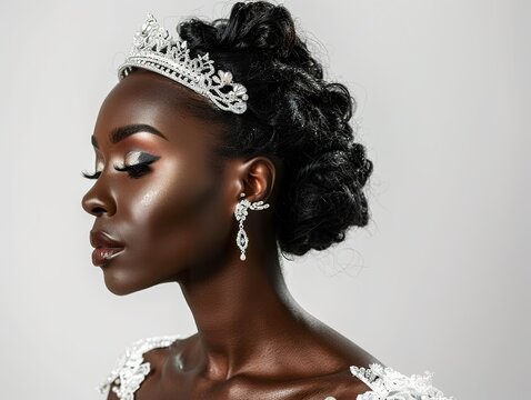 close-up Beautiful black skin bride wearing tiara, earrings, necklace isolated on white background