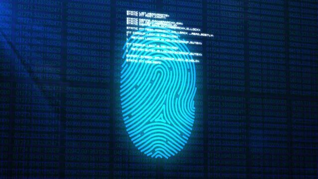 Animation of biometric fingerprint with digital data processing over black background