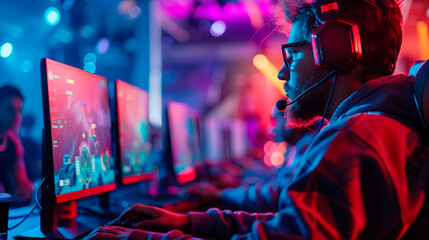 Competitive Gaming Scene: Young Man and E-Sports Tournament, Strategically Engaging in Video Games with Fellow Players in front of Computer. - obrazy, fototapety, plakaty