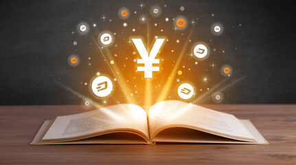 Open book with currency icons above