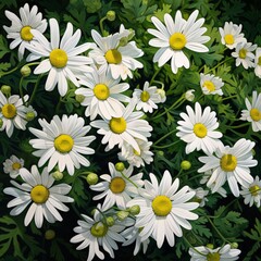 White daisies with green leaves in a field, close-up view. Flowering flowers, a symbol of spring, new life.