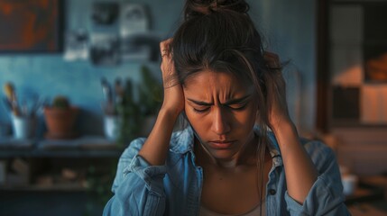Stress Overwhelm: Woman Holding Head in Despair, upset young woman holding her head in her hands, expressing deep stress or headache, possibly due to work or personal issues, in a dimly lit room - Powered by Adobe