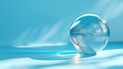 Surreal azure dreamscape with a transparent sphere reflecting light