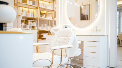 An upscale beauty salon chair and mirror with a warm, inviting glow. Shelves are neatly lined with products.