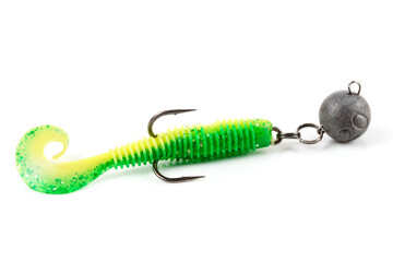 Soft fishing bait for predatory fish, green plastic grub, with double hook and lead sinker,...