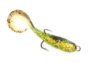 Soft fishing bait for predatory fish, moss green plastic grub, with double hook, isolated on white